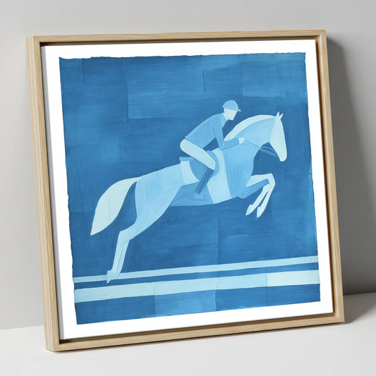 Azure Flight show jumping horse canvas wall art in natural frame