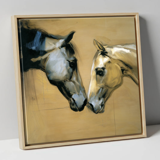 A Gentle Meeting horse portrait canvas wall art in natural frame