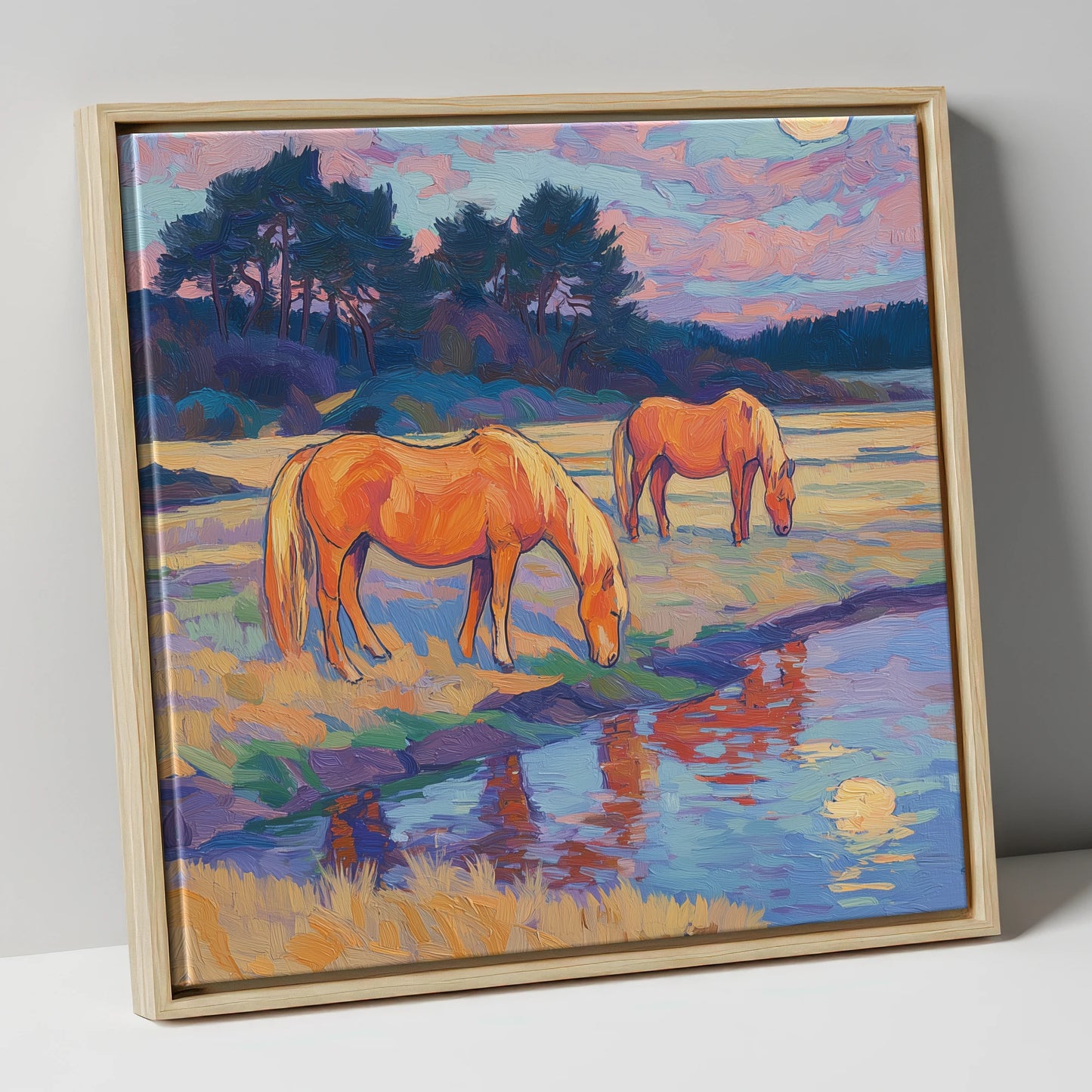 Evening Pasture Reflections horse landscape canvas wall art in natural frame
