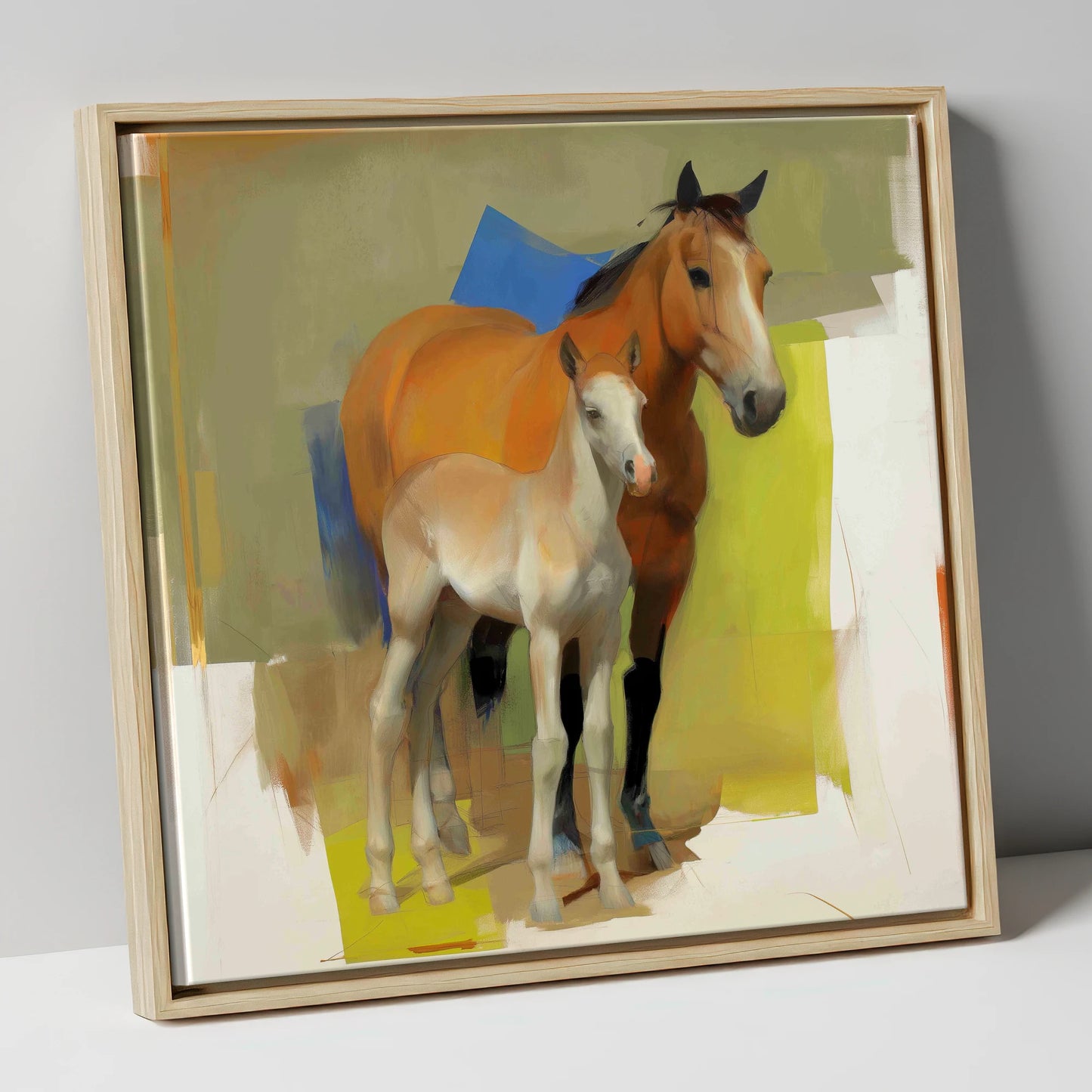 Modern Golden Bond mare & foal canvas wall art in natural frame