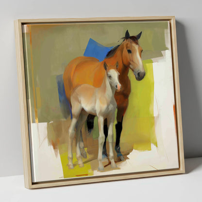 Modern Golden Bond mare & foal canvas wall art in natural frame