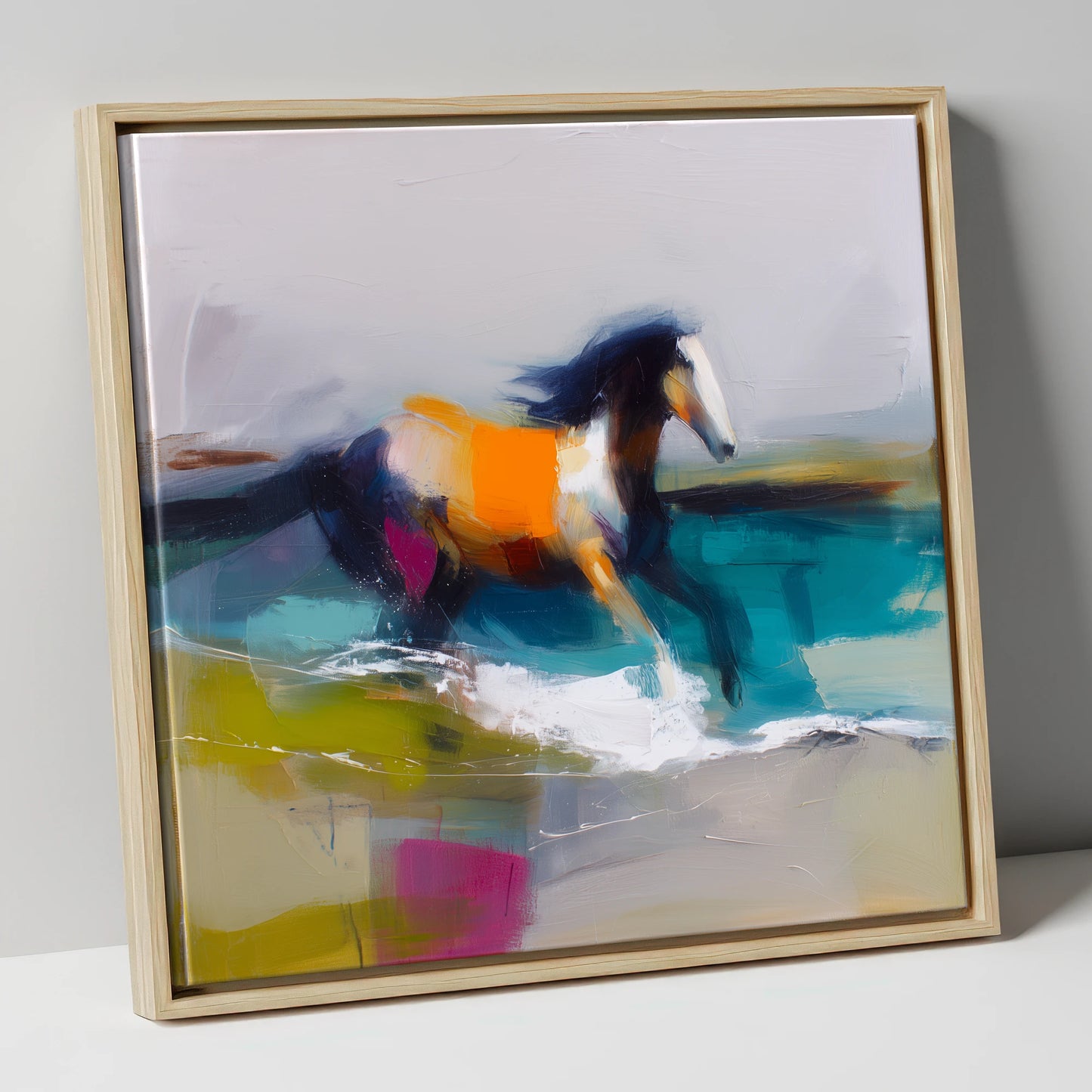 Vibrant Coastal Canter beach horse canvas wall art in natural frame