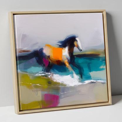 Vibrant Coastal Canter beach horse canvas wall art in natural frame