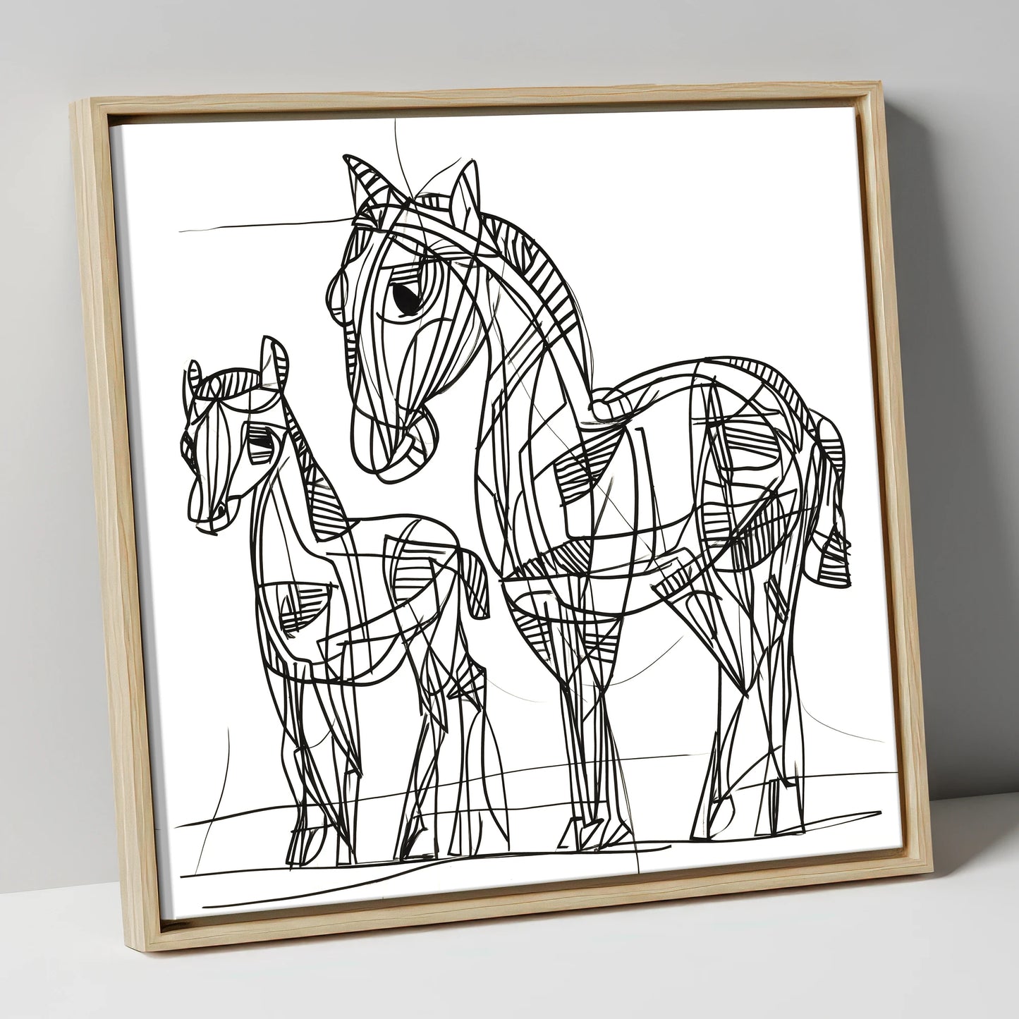 Linear Equine Bond mare & foal canvas wall art in natural frame