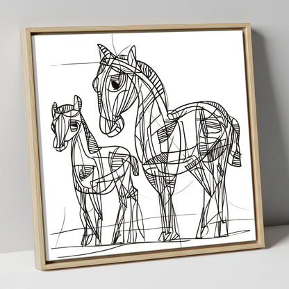 Linear Equine Bond mare & foal canvas wall art in natural frame