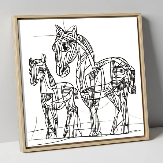 Linear Equine Bond mare & foal canvas wall art in natural frame