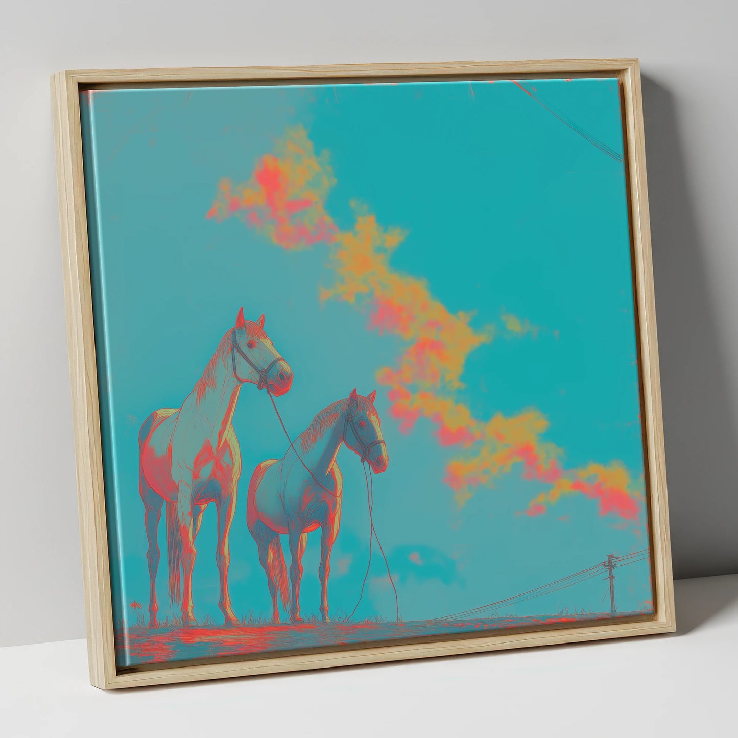 Electric Cyan Skies horse landscape canvas wall art in natural frame