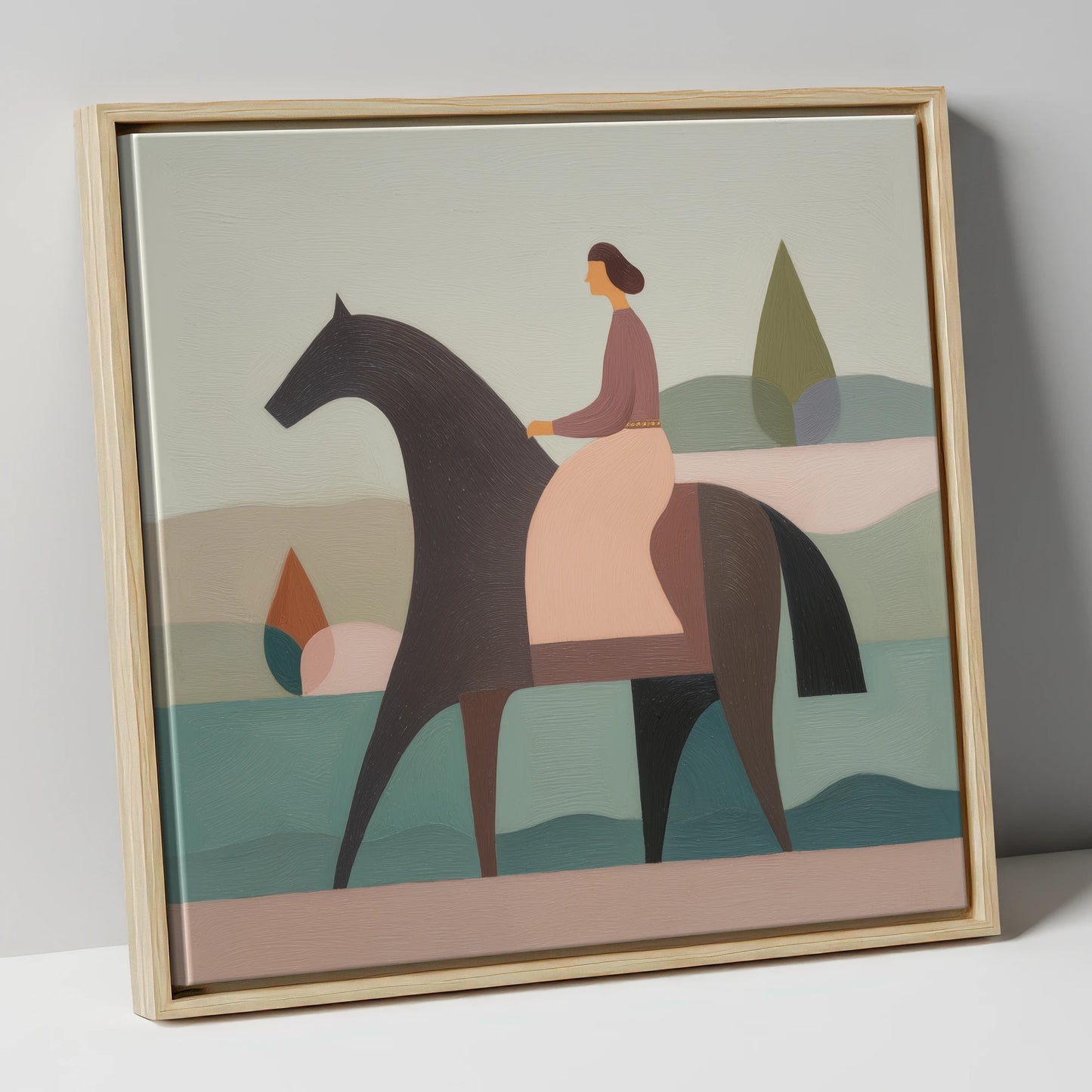 Quiet Harmony dressage horse canvas wall art in natural frame