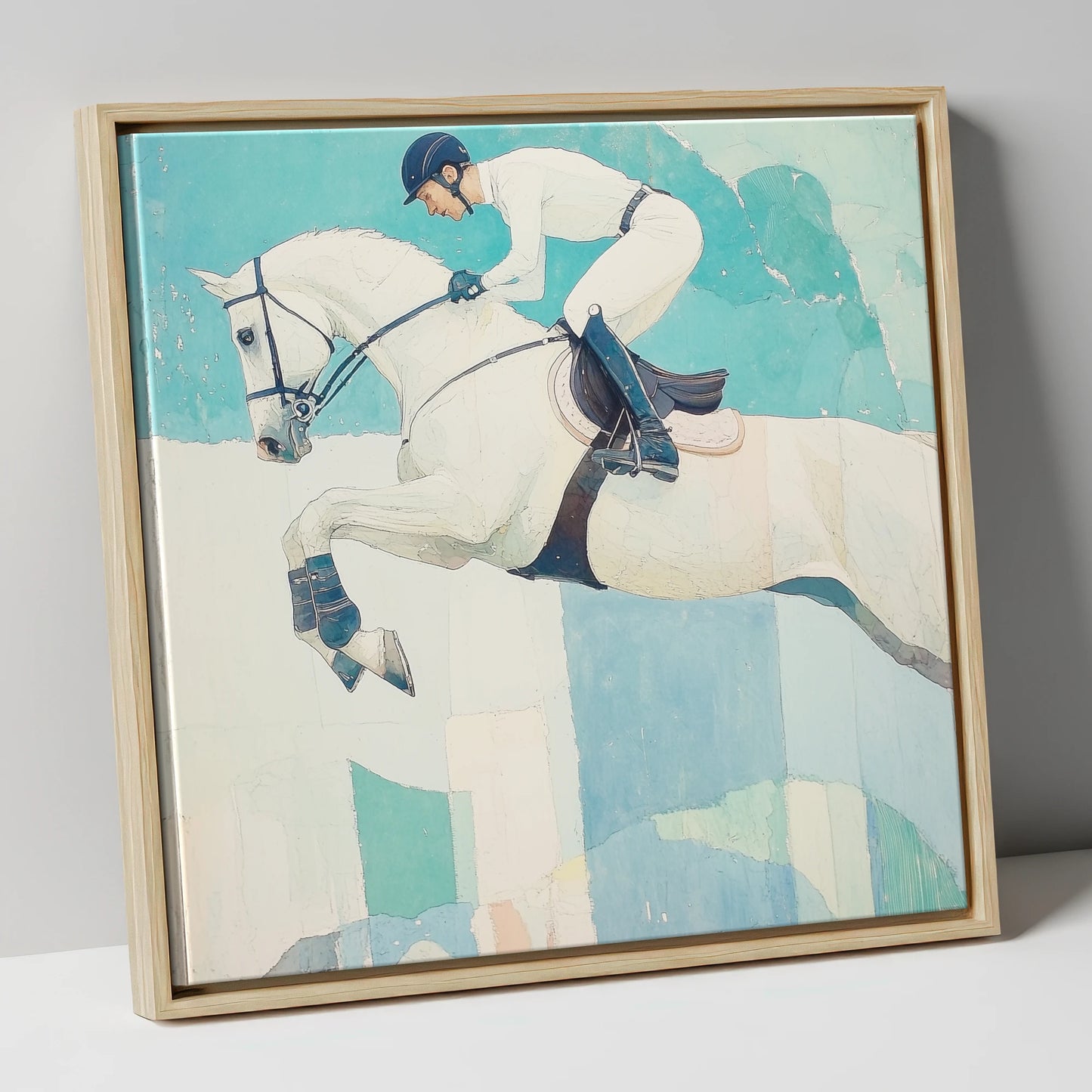 Teal Ascent show jumping horse canvas wall art in natural frame