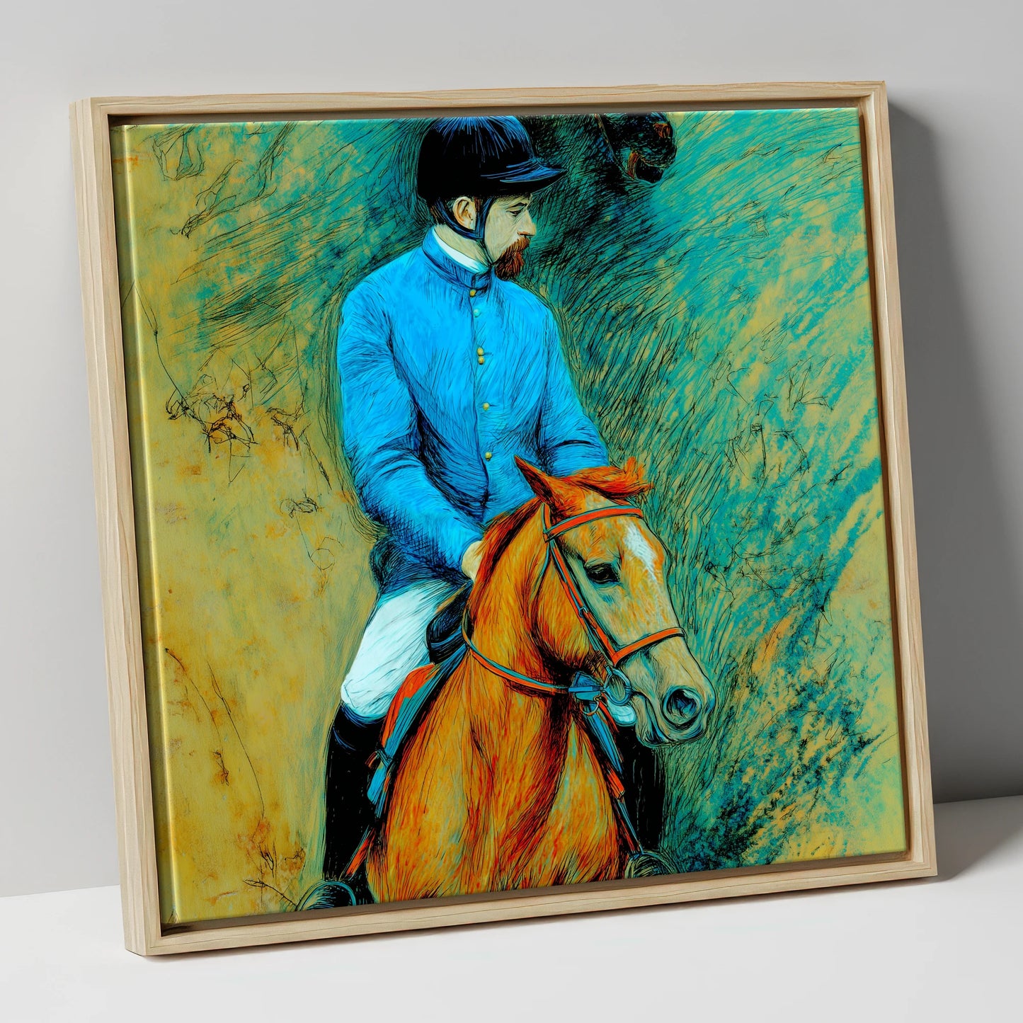 The Cerulean Jockey racing horse canvas wall art in natural frame