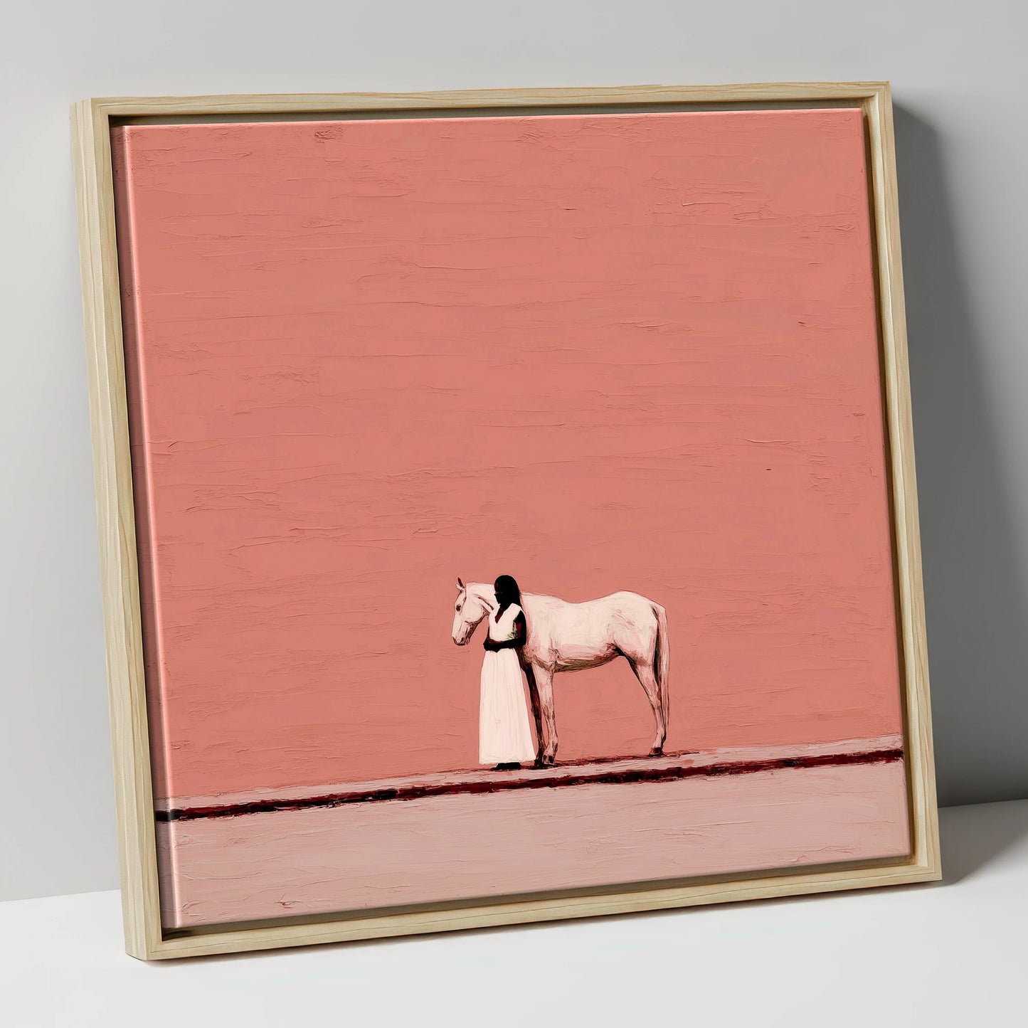 Stillness in Terracotta horse & rider canvas wall art in natural frame