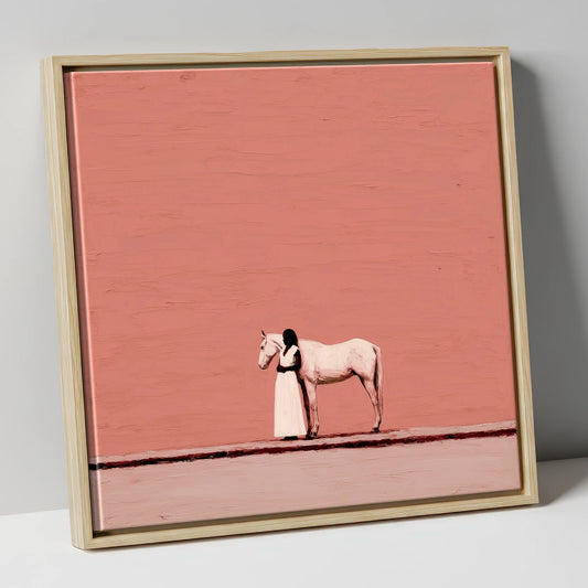 Stillness in Terracotta horse & rider canvas wall art in natural frame