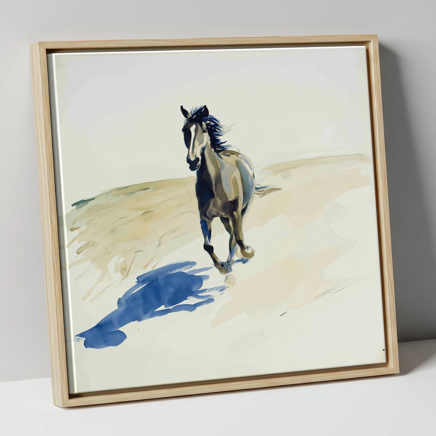 Indigo Shadow Canter wild horses canvas wall art in natural frame