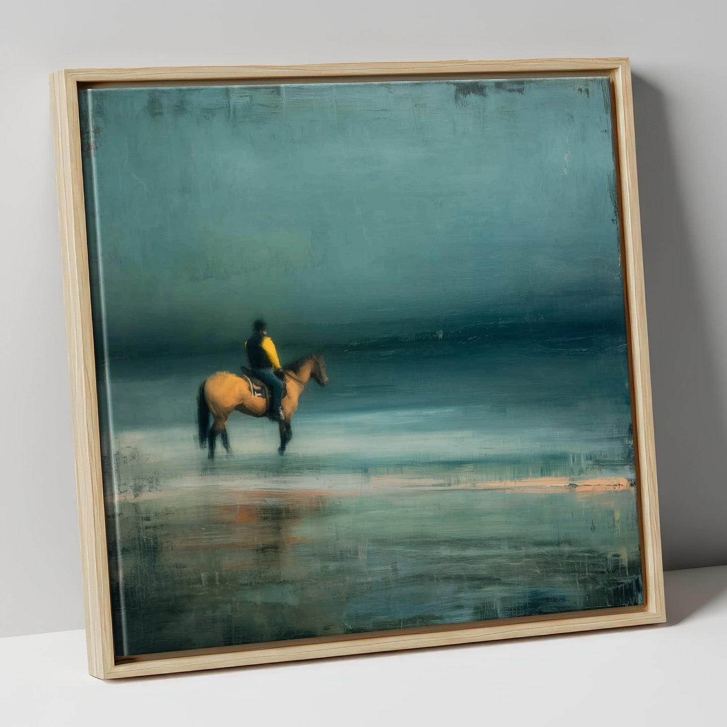 Teal Tide Rider beach horse canvas wall art in natural frame