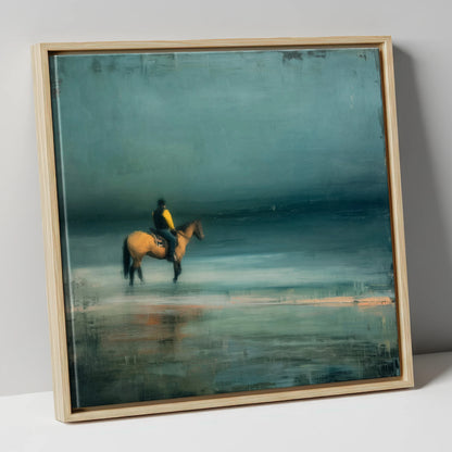 Teal Tide Rider beach horse canvas wall art in natural frame