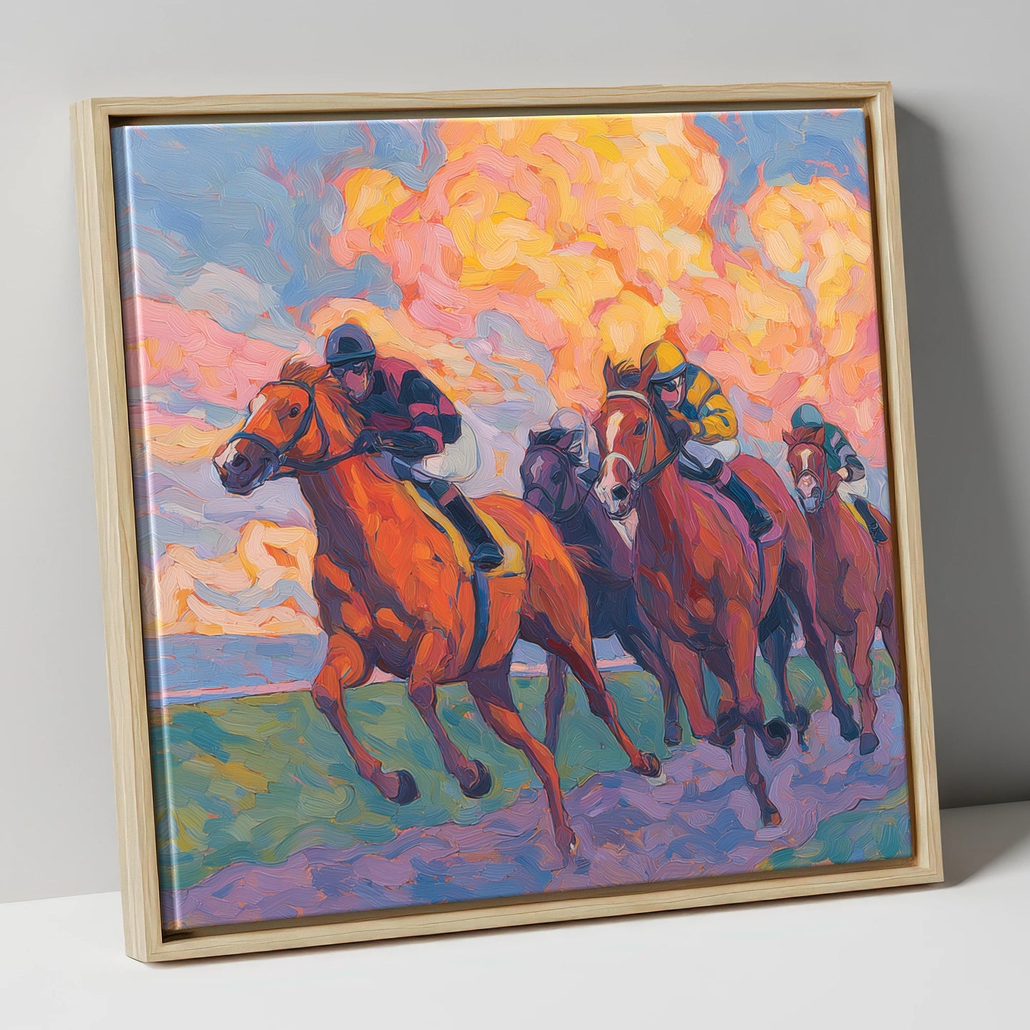 Thundering Sunset racing horse canvas wall art in natural frame