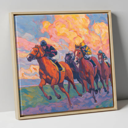 Thundering Sunset racing horse canvas wall art in natural frame