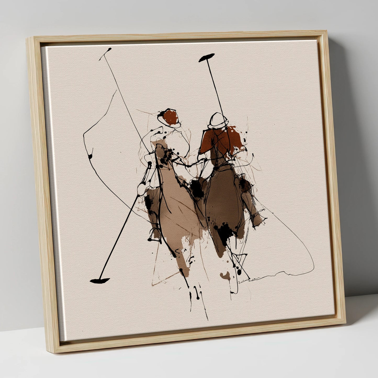 Polo Pursuit polo horse canvas wall art in natural frame