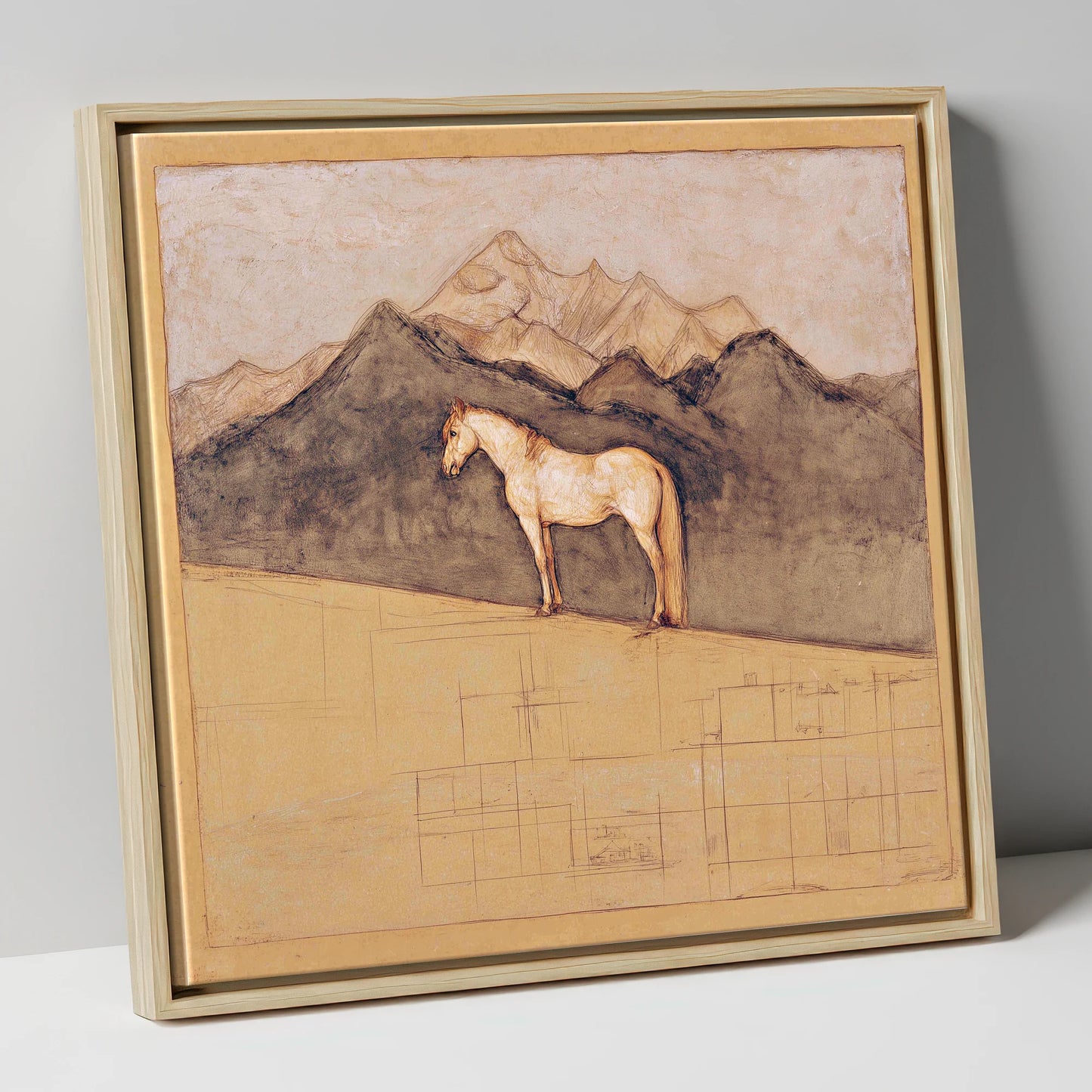 Mountain Sentinel horse landscape canvas wall art in natural frame