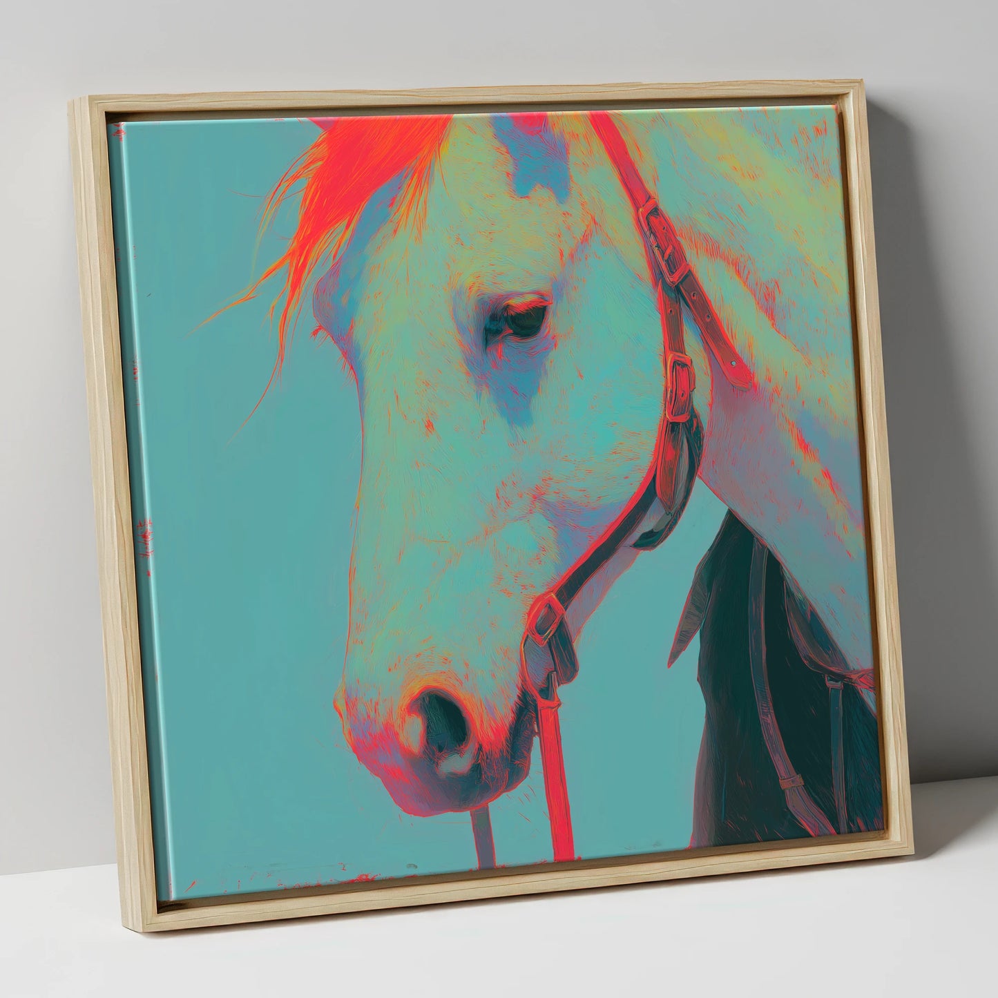 Electric Teal Profile horse portrait canvas wall art in natural frame