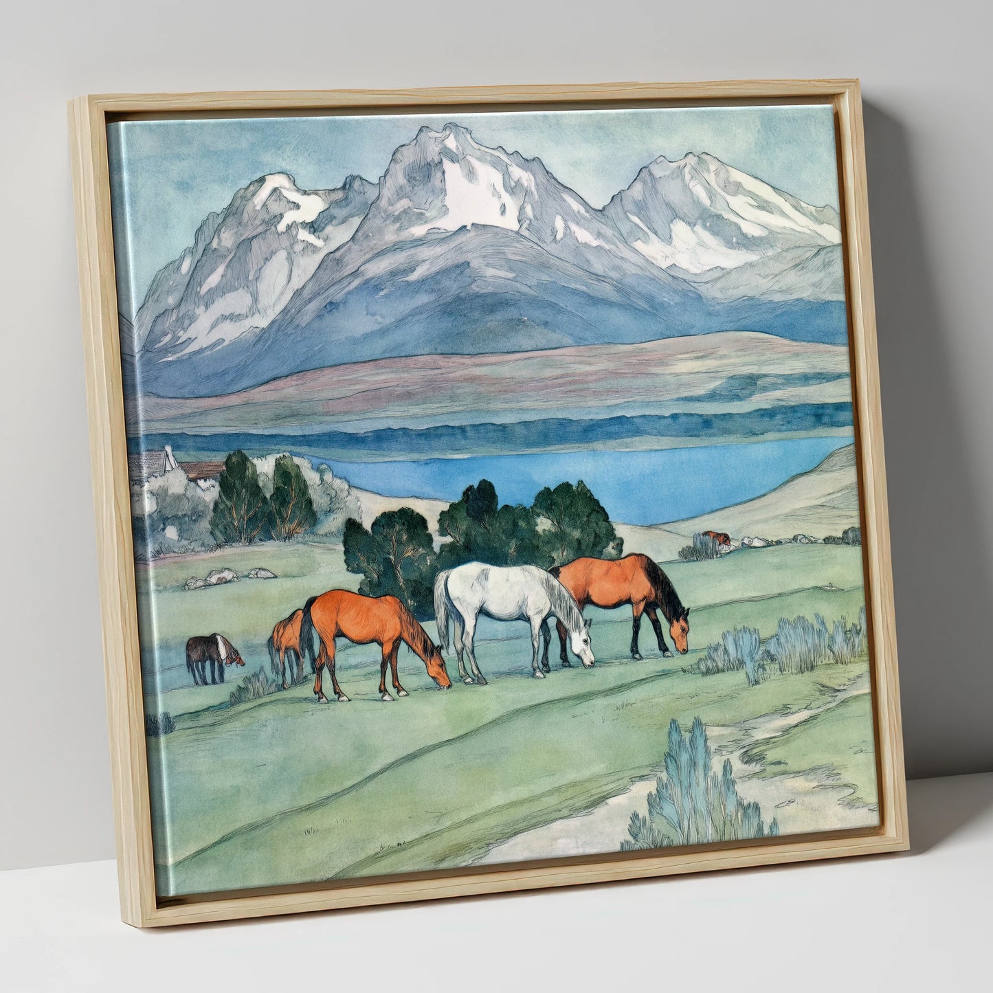 Alpine Lake Pastures horse landscape canvas wall art in natural frame