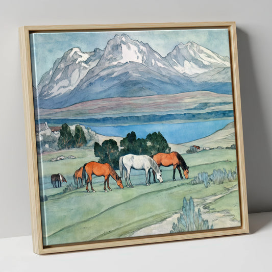 Alpine Lake Pastures horse landscape canvas wall art in natural frame