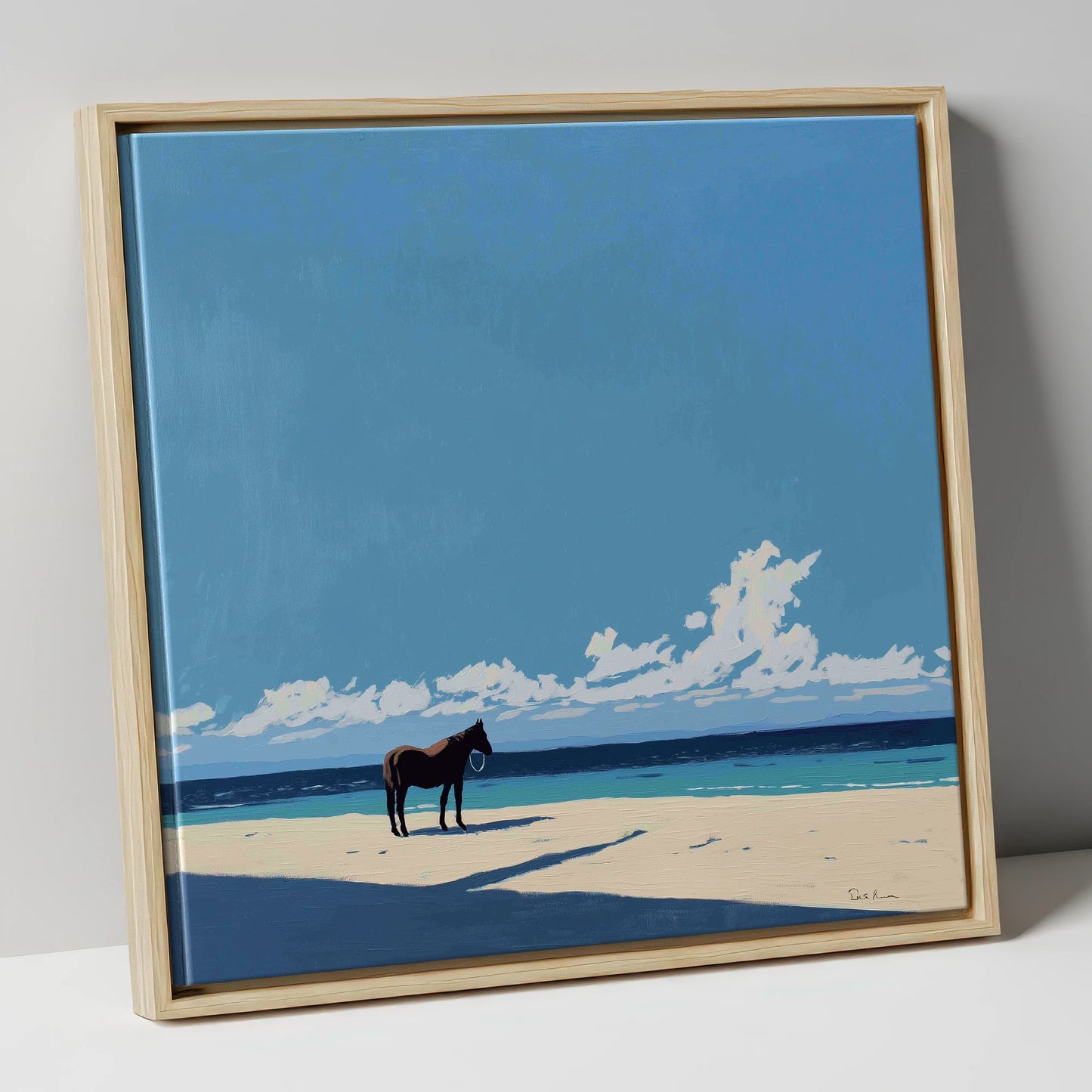 Coastal Contemplation horse landscape canvas wall art in natural frame