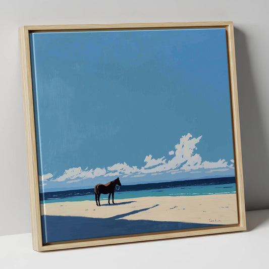 Coastal Contemplation horse landscape canvas wall art in natural frame