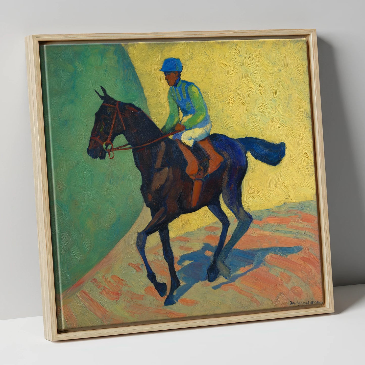 Vibrant Walk to Post racing horse canvas wall art in natural frame