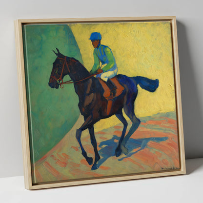 Vibrant Walk to Post racing horse canvas wall art in natural frame