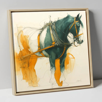Teal and Amber Draft working horse canvas wall art in natural frame