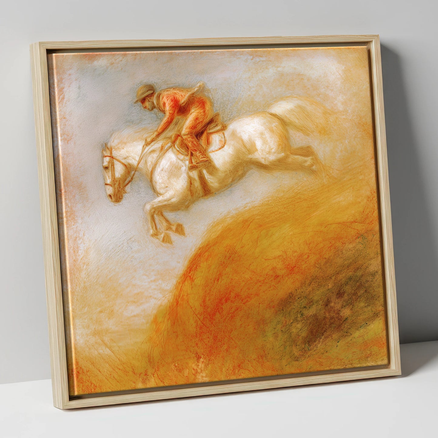 Terracotta Flight show jumping horse canvas wall art in natural frame
