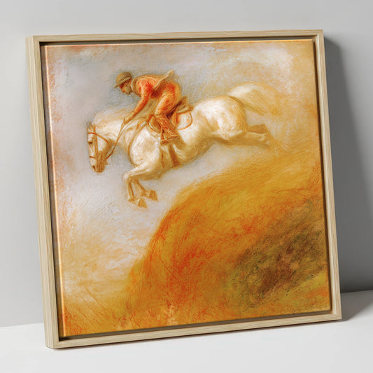 Terracotta Flight show jumping horse canvas wall art in natural frame