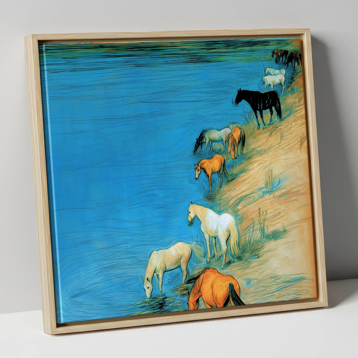 Cerulean River Herd wild horses canvas wall art in natural frame