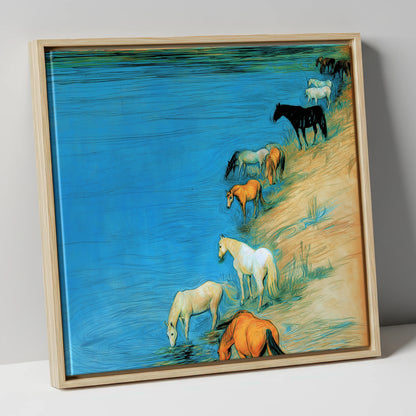 Cerulean River Herd wild horses canvas wall art in natural frame
