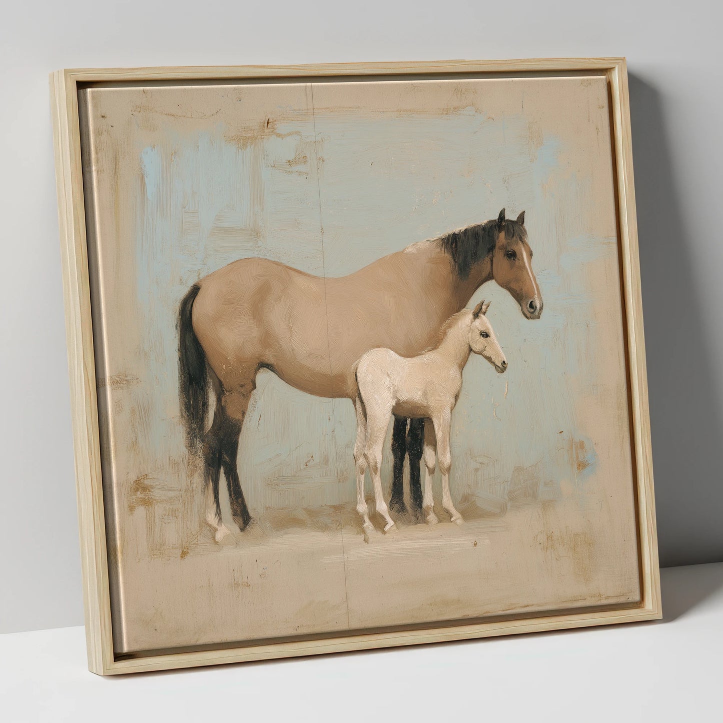 A Quiet Bond mare & foal canvas wall art in natural frame