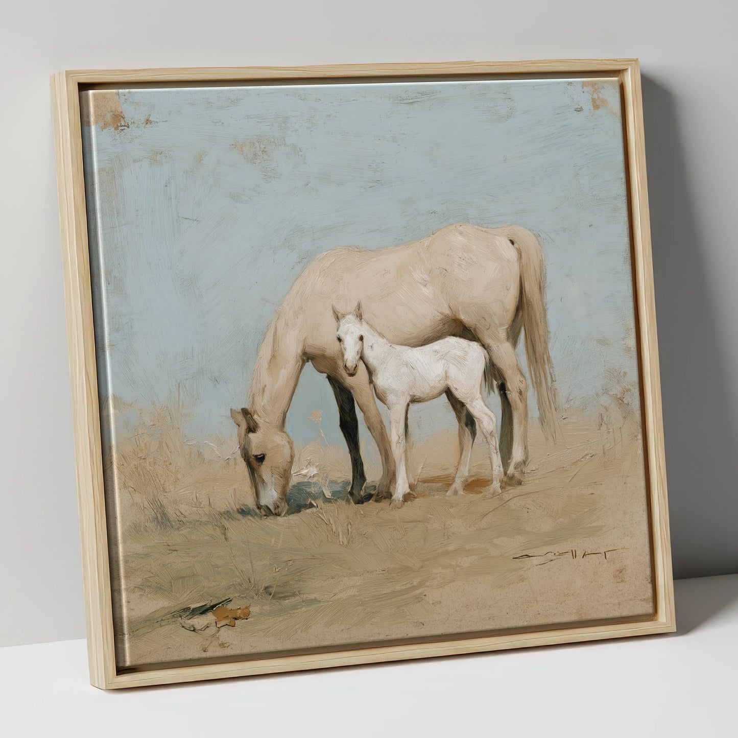 Chalk White Companions mare & foal canvas wall art in natural frame