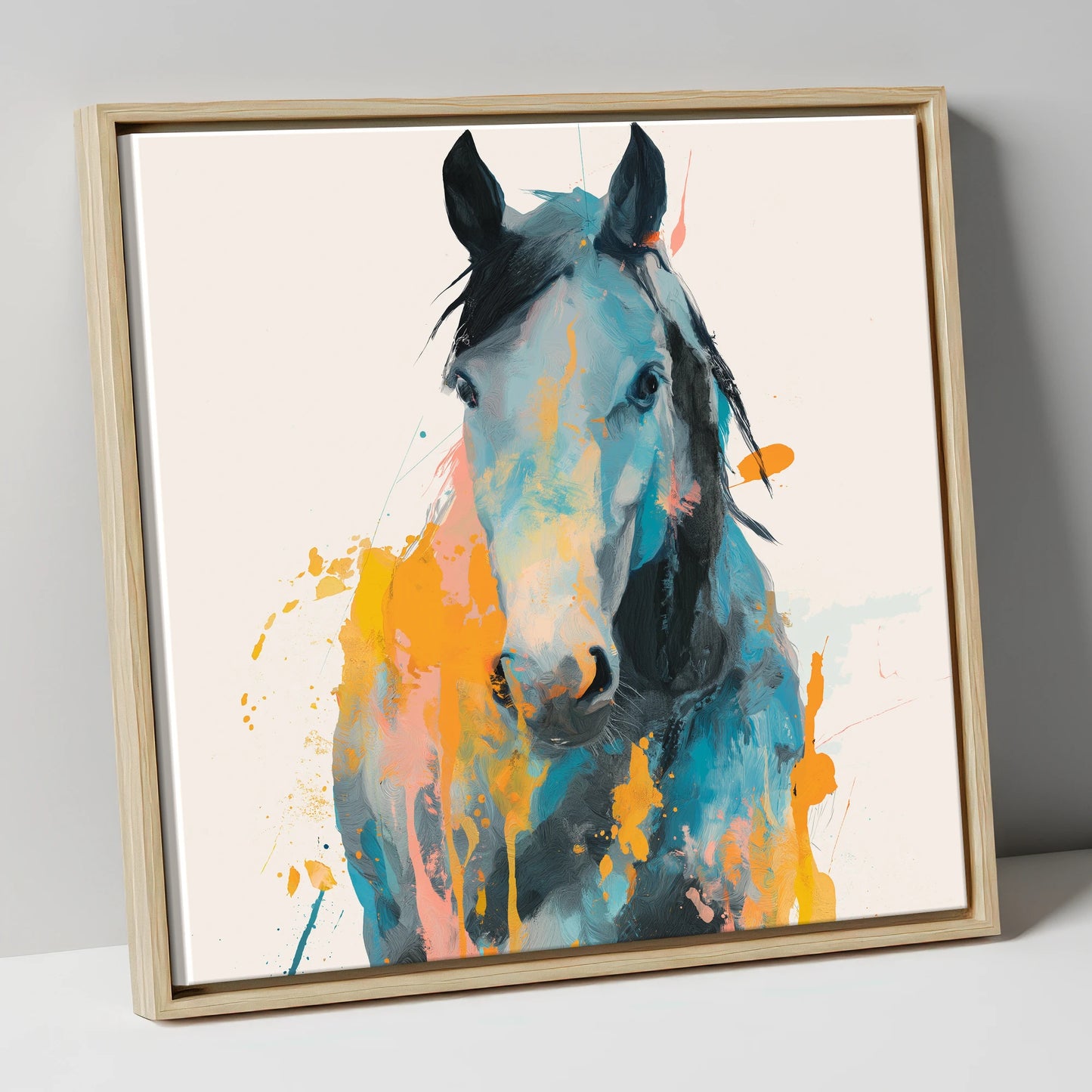 Teal and Amber Gaze horse portrait canvas wall art in natural frame