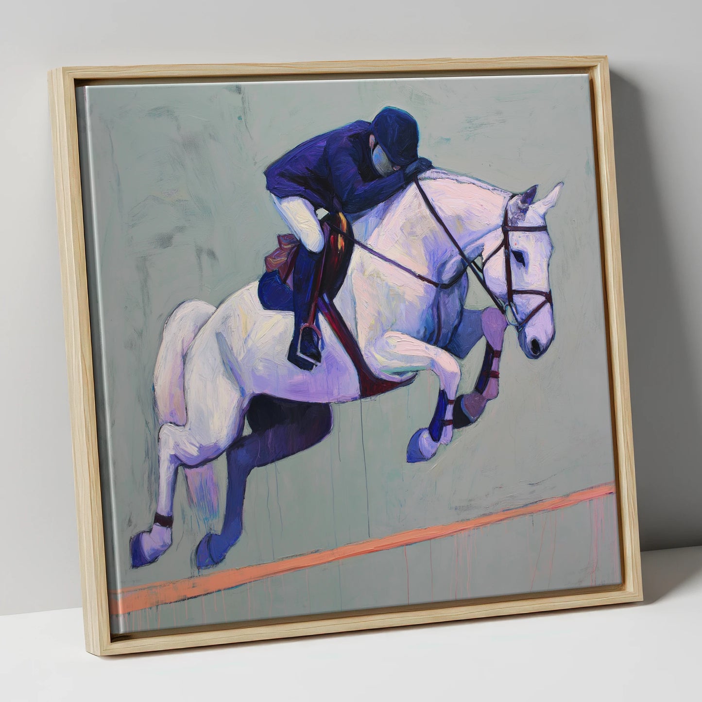 Suspended in Blue show jumping horse canvas wall art in natural frame