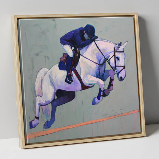 Suspended in Blue show jumping horse canvas wall art in natural frame