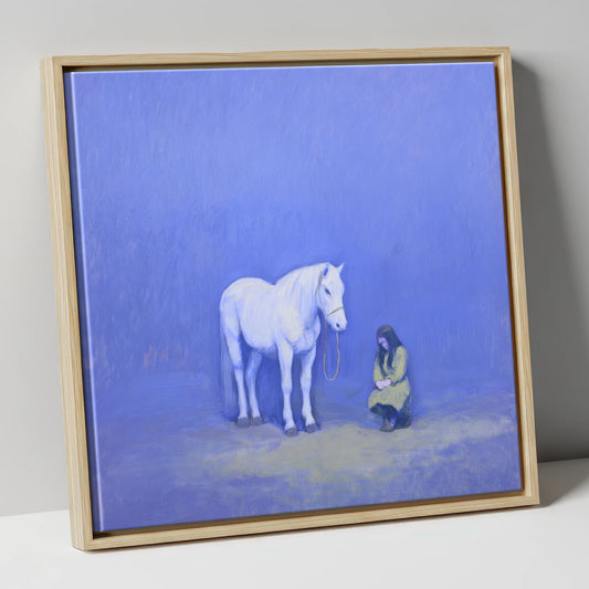 Solace in Azure horse & rider canvas wall art in natural frame