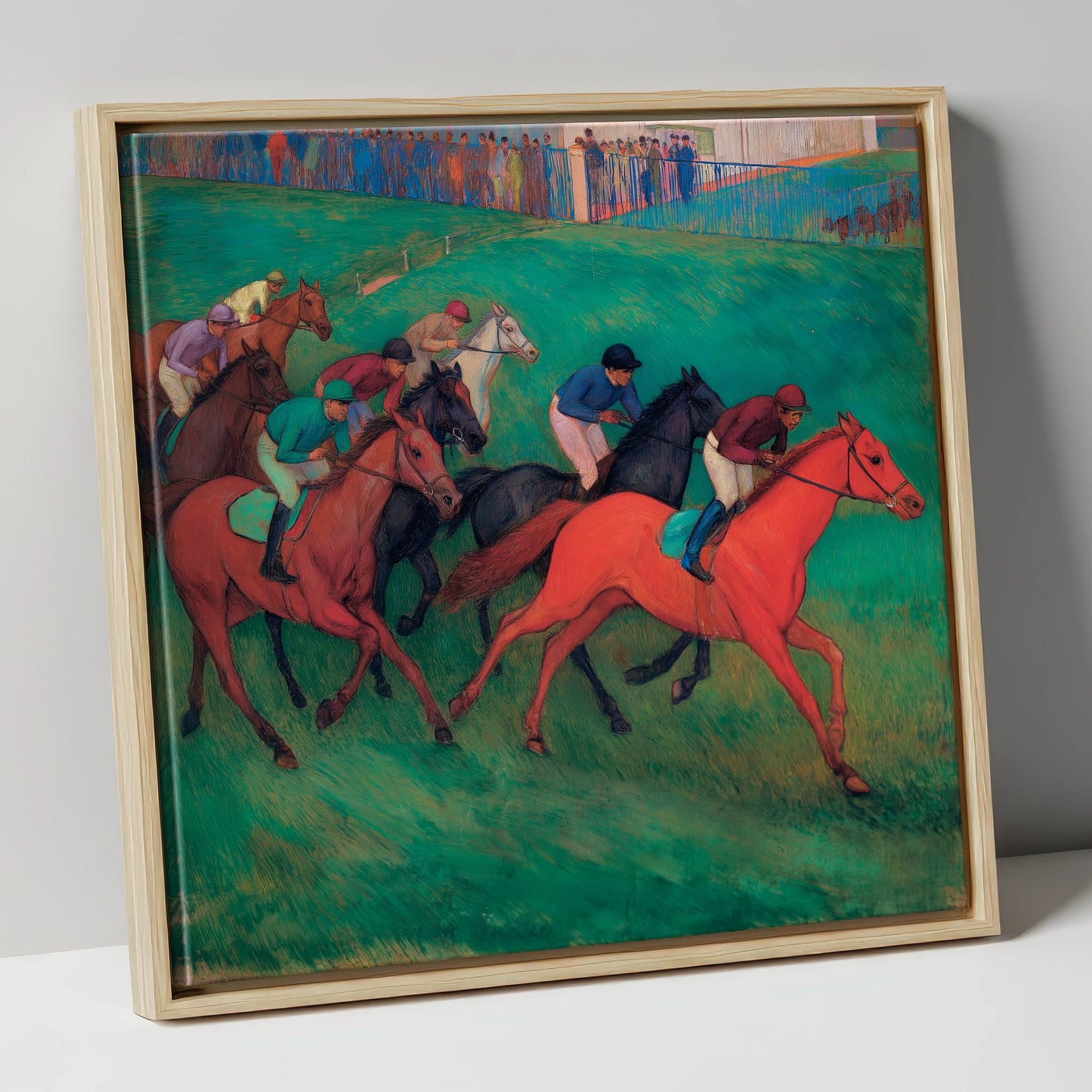 The Crimson Gallop racing horse canvas wall art in natural frame