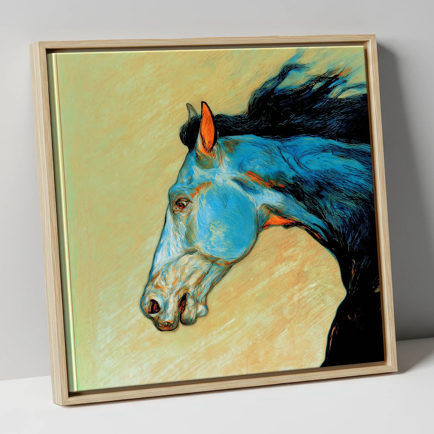 Cerulean Spirit racing horse canvas wall art in natural frame