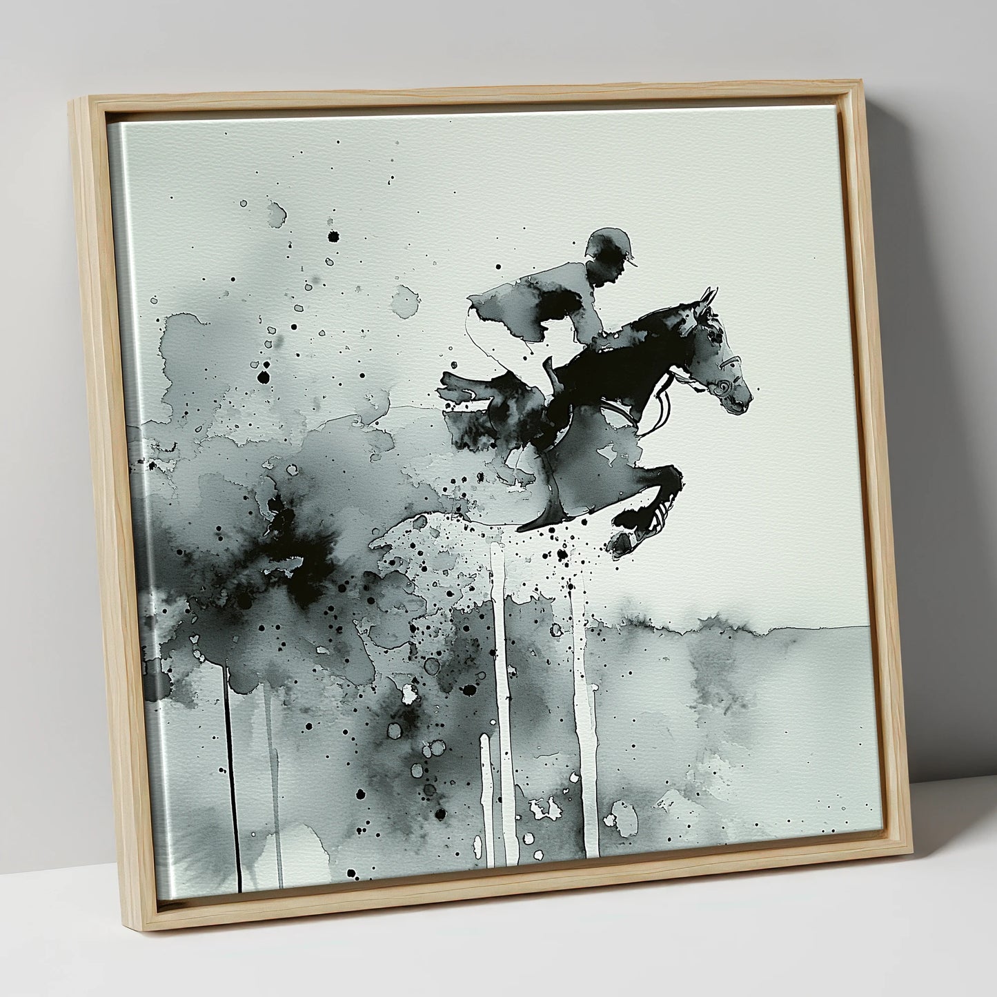 Airborne Shadows show jumping horse canvas wall art in natural frame