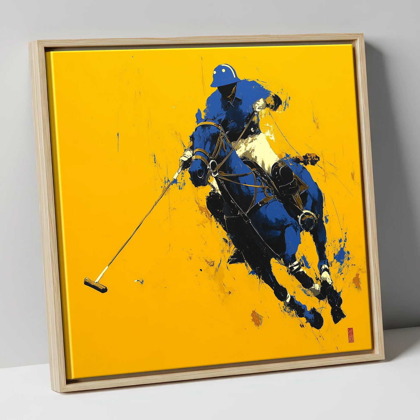Cobalt Chukka polo horse canvas wall art in natural frame
