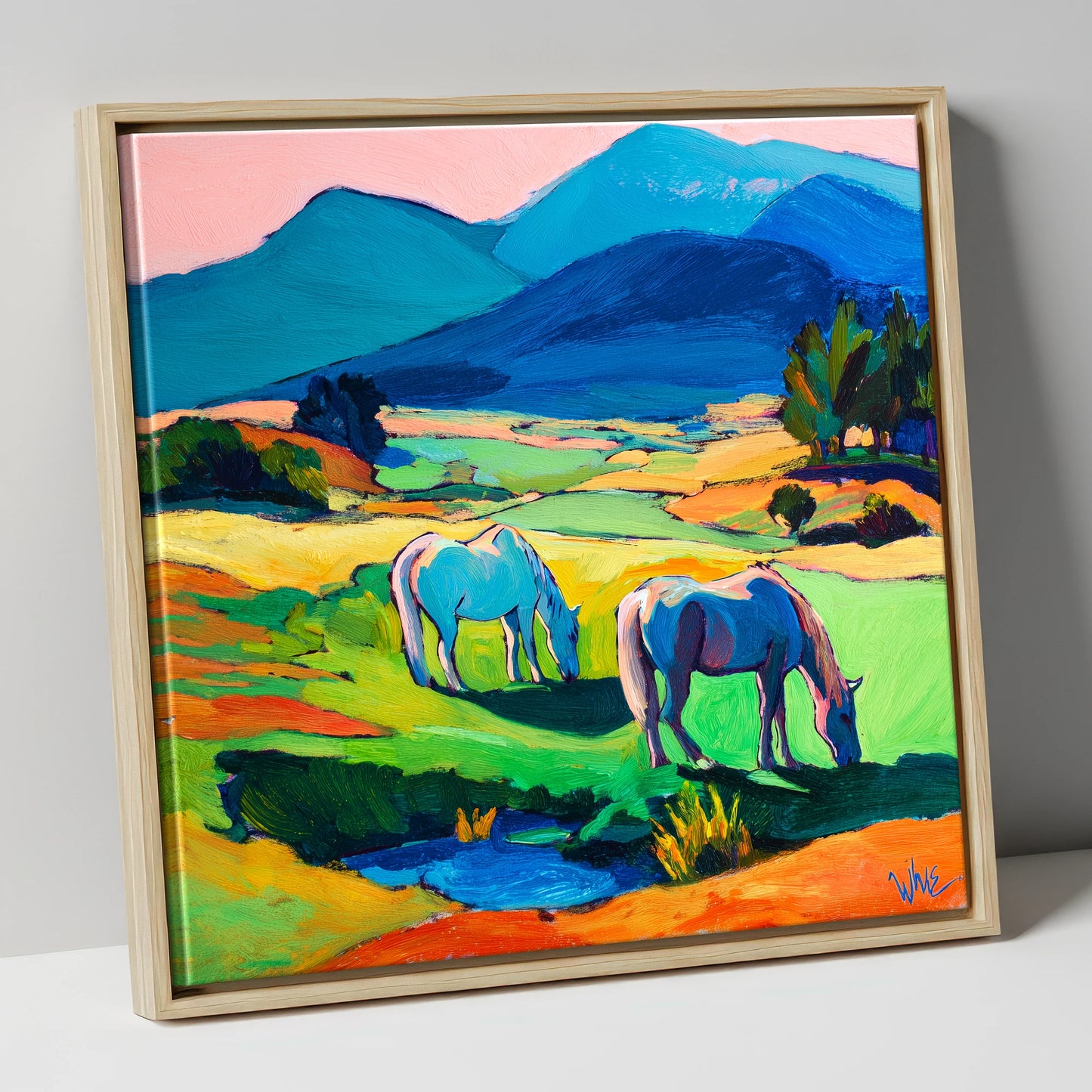 Painted Valley Grazing horse landscape canvas wall art in natural frame