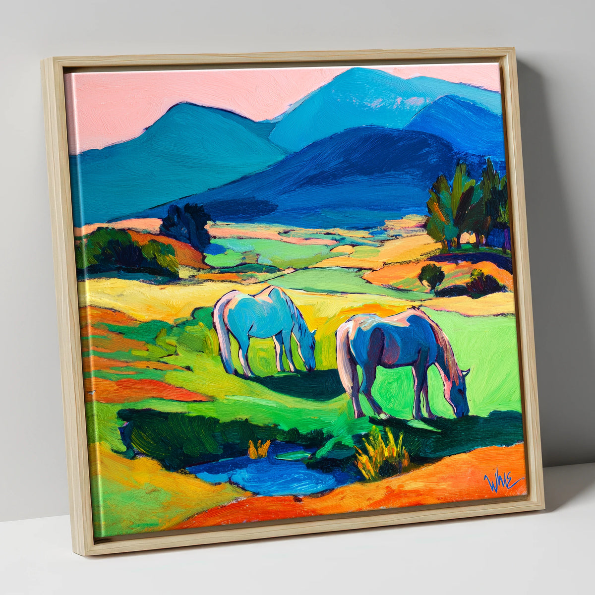 Grazing Horses in Vibrant Pasture horse landscape canvas wall art in natural frame