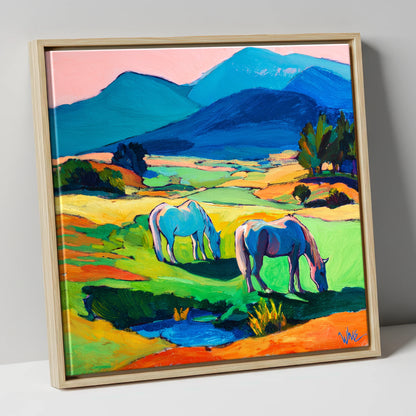 Painted Valley Grazing horse landscape canvas wall art in natural frame
