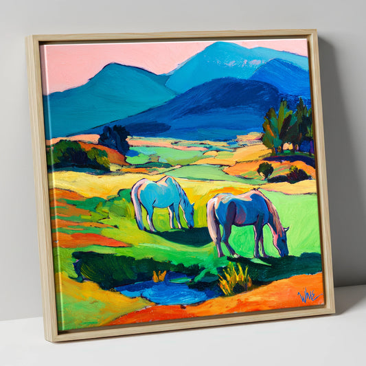 Painted Valley Grazing horse landscape canvas wall art in natural frame