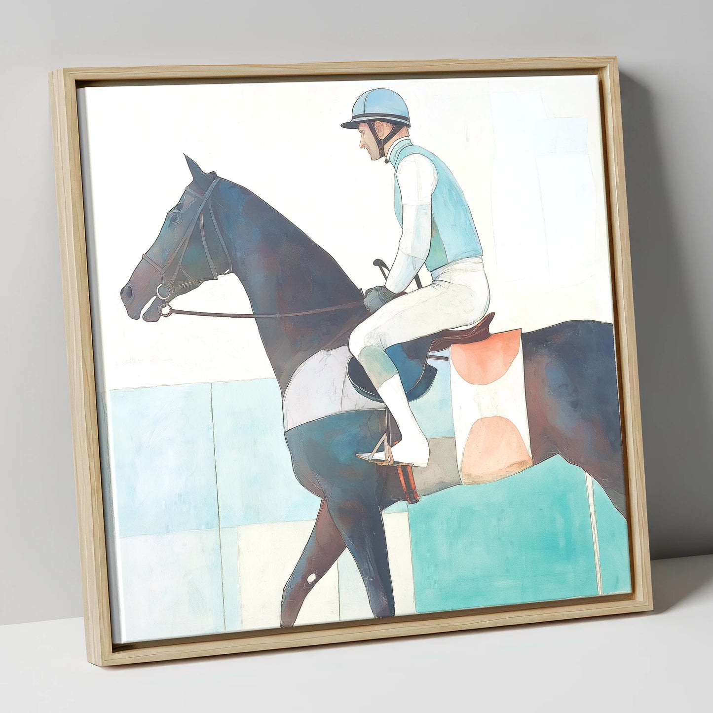 Aquamarine Stride racing horse canvas wall art in natural frame